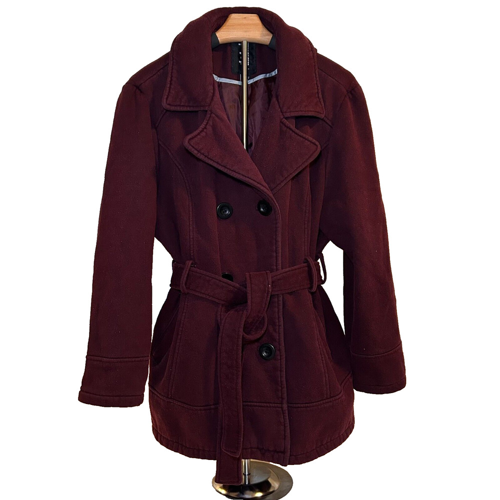 Intl Details Size 2XL Maroon Red Button Front Belted Pea Coat Double Breasted
